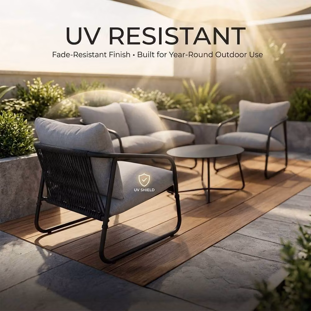 Alivio 4-Piece Outdoor Patio Chair Set with Side Table in Grey and Black, Cushioned Garden Bistro Furniture for Balcony, Terrace or Garden – 5