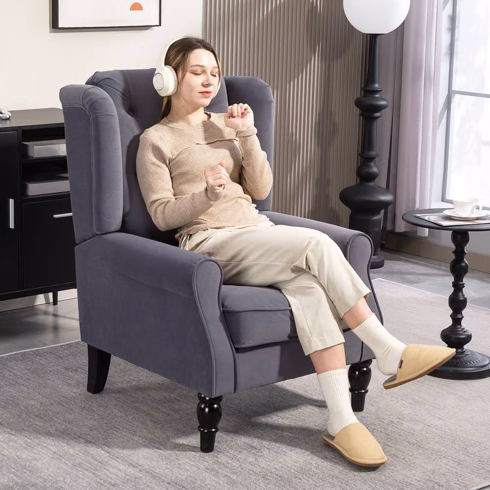 STILVORA Grey Velvet Wingback Chair with Solid Wood Frame – 2