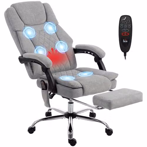 HOMCOM Grey Velvet Executive Office Chair with Vibration Massage, Heated Lumbar and Footrest, H: 120 cm, W: 75.5 cm, D: 65.5 cm – 1
