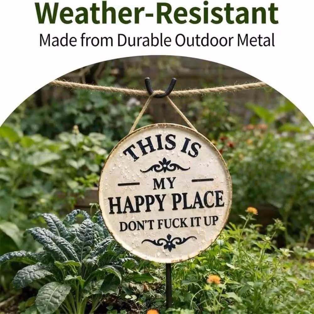 FLAVORA Happy Place Welcome Garden Sign, Round Metal Wall Decor in White, Diameter: 20 cm – 4