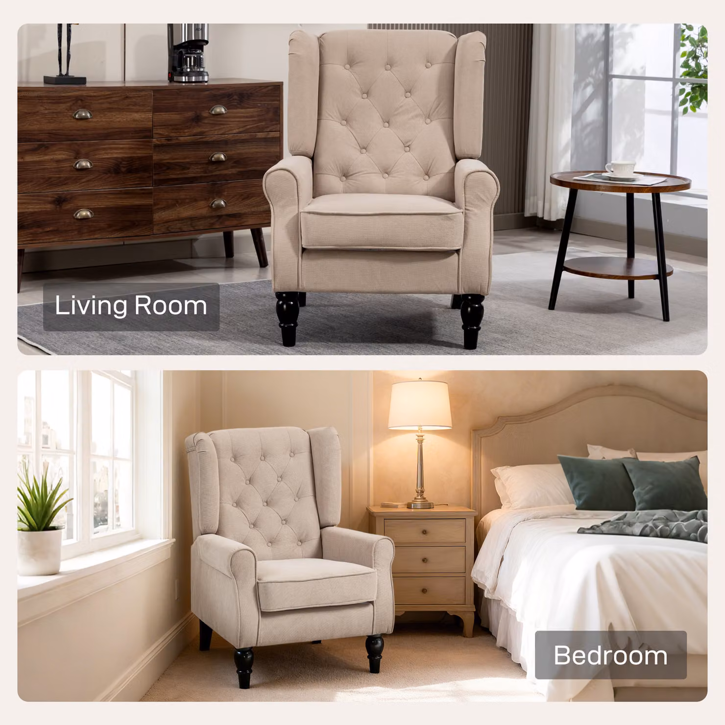 HOMCOM Beige Wingback Accent Chair with Retro Button Tufting and Solid Wood Frame – 5