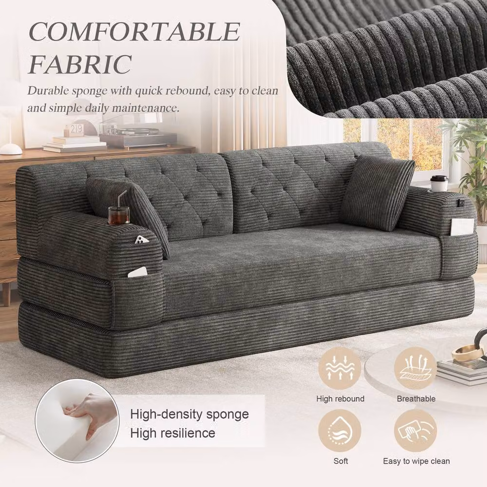 BTM 3 Seater Corduroy Sleeper Sofa in Dark Grey with Cup Holders and Side Pockets – 4