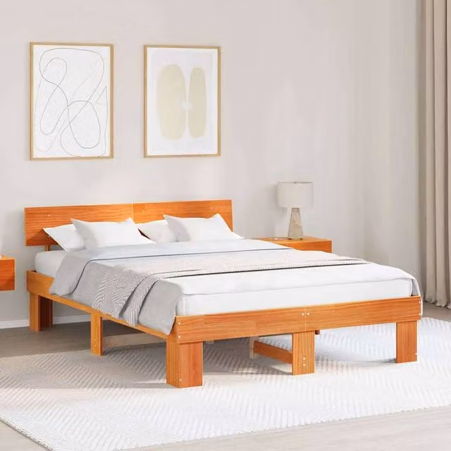 Berkfield Home Solid Pine Wood Bed Frame with Headboard, Wax Brown, W/D/H: 150 x 200 cm