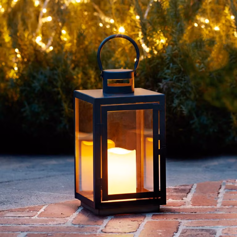 Lights4fun Large Black and Grey Metal Decorative LED Battery Operated Candle Lantern with Timer, H 30 cm