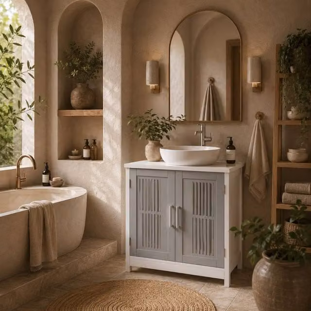 Wyld Haus Nelike Grey and White Under Sink Bathroom Vanity Unit with Double Hinged Doors and Internal Shelves