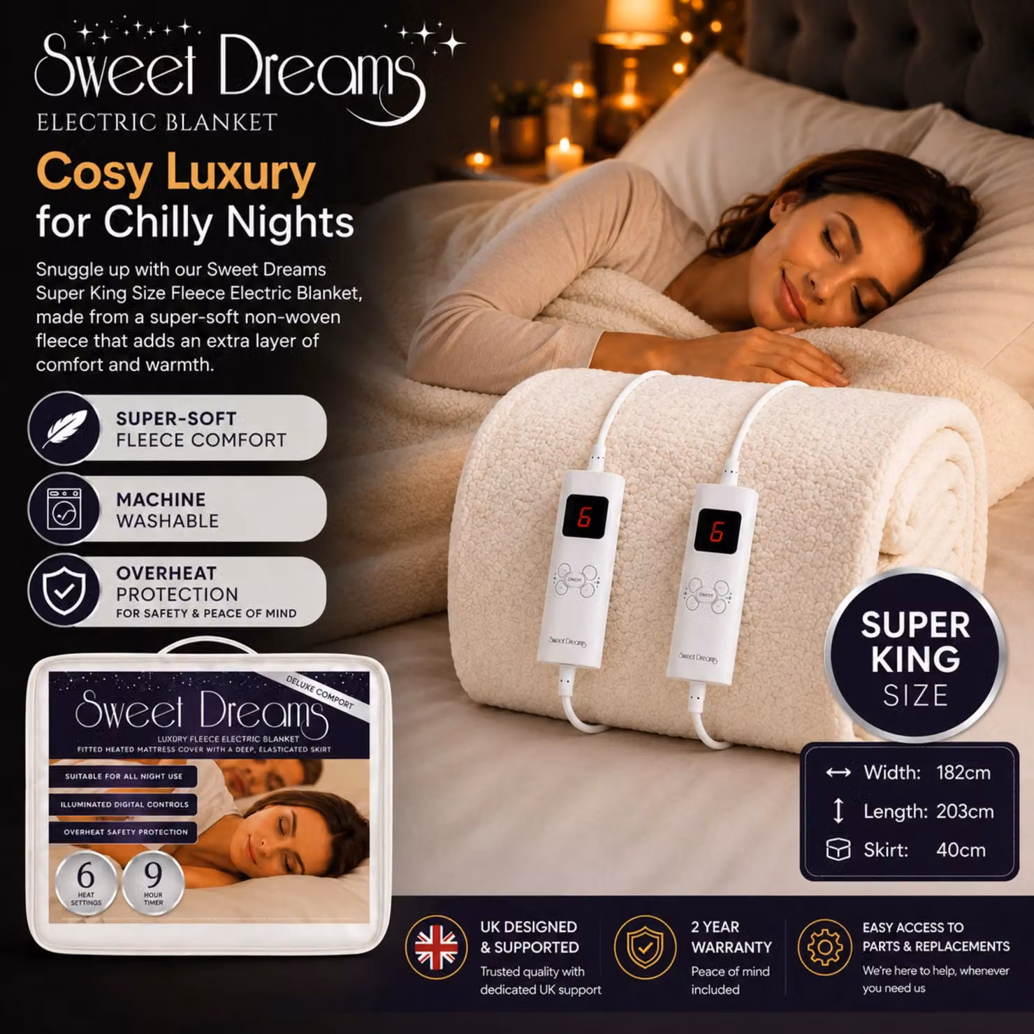 Sweet Dreams Super King Size Fleece Heated Fitted Electric Blanket in White, 180 x 200 cm – 9