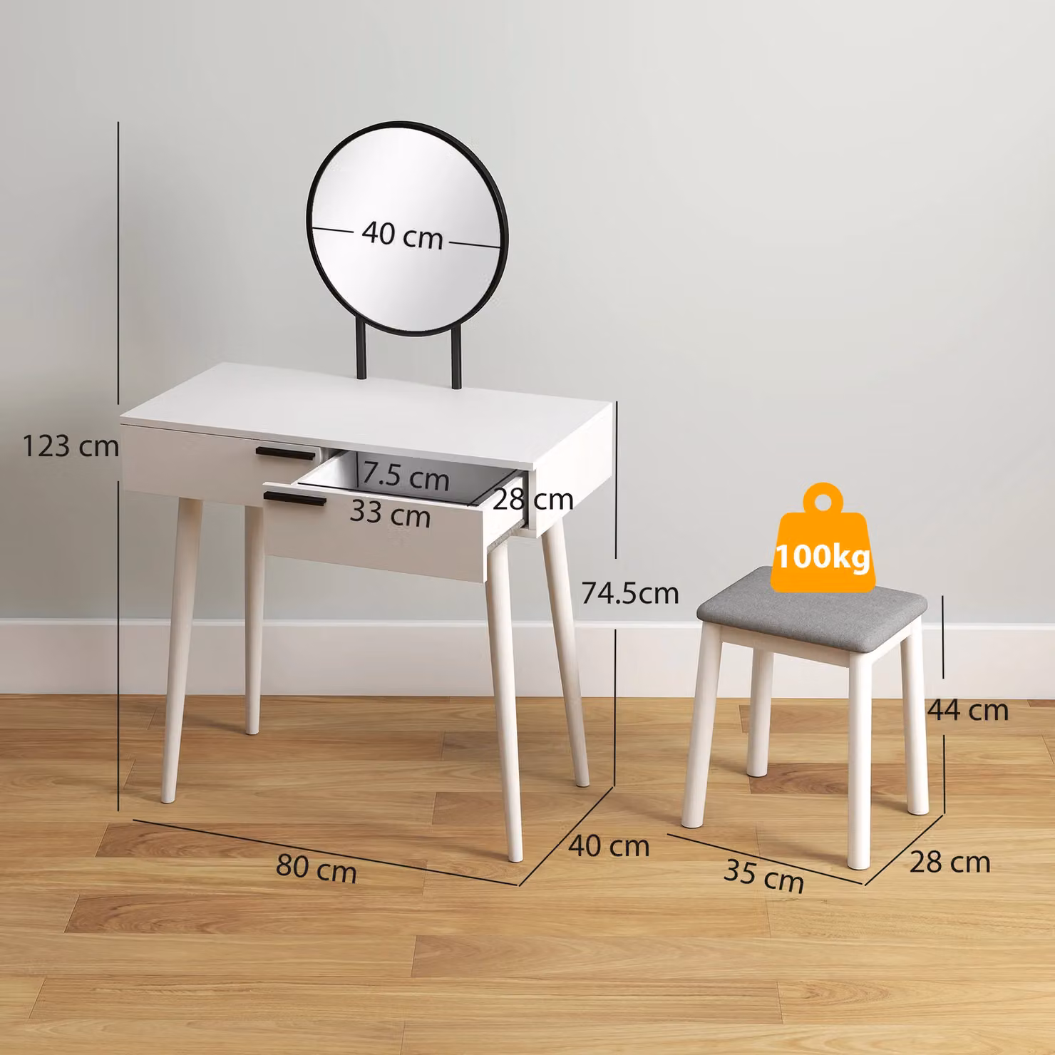 HOMCOM White Modern Vanity Table Set with Cushioned Stool and Drawers – 3