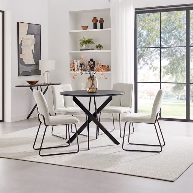 FurnitureboxUK Novara Round Dining Table with 4 Halley Chairs, Black Top and Cream Upholstery, Diameter: 100 cm