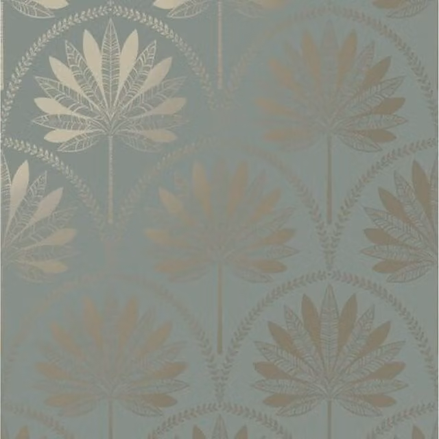 Holden Decor Tropical Palm Tree Leaves Feature Wallpaper in Dusky Blue, Metallic Gold, Teal and Grey