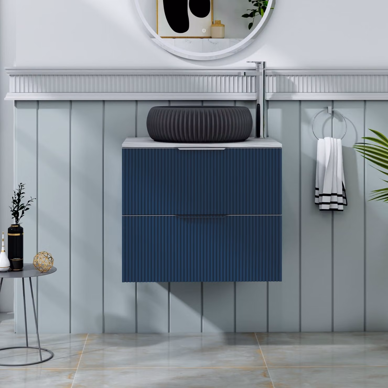 Royal Bathrooms Evora Midnight Blue Fluted Wall Hung Vanity Unit with 2 Drawers and Milan Black Basin