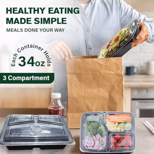 ECONX 20 Pack Black 3 Compartment Meal Prep Food Containers with Airtight Lids, 34oz Plastic Lunch Boxes – 4