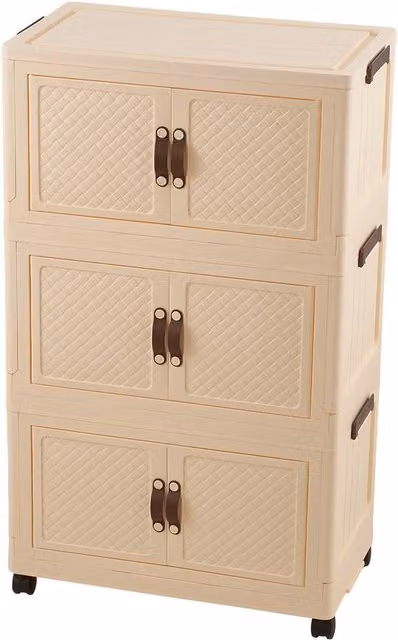 Living and Home Foldable 3-Tier Rolling Storage Cabinet with Magnetic Doors in Beige