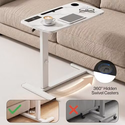 Levede Height Adjustable Mobile Over Bed Desk with Gas Spring Lift and Castors, White, W/D: 80 x 40 cm – 5