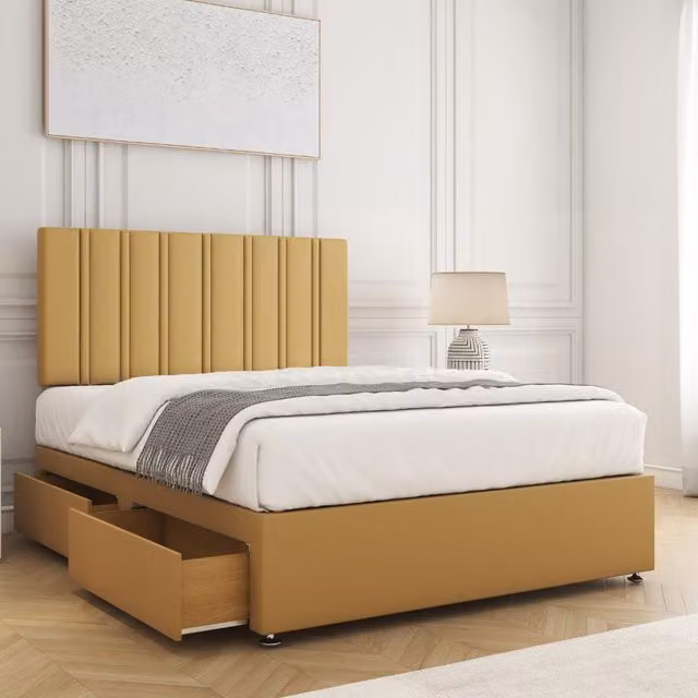 BSSPOKE Sienna Plush Divan Bed Set with 24 inch Headboard, 2 Drawers and Mattress in Mustard Yellow, Super King, W/D/H: 200 x 200 cm