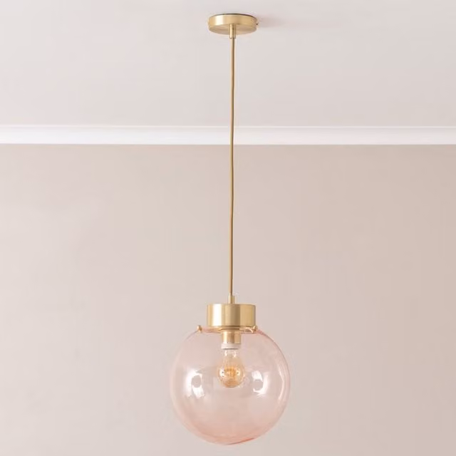 Frenchie Pink Glass Globe Capped Ceiling Pendant Light in Brushed Gold