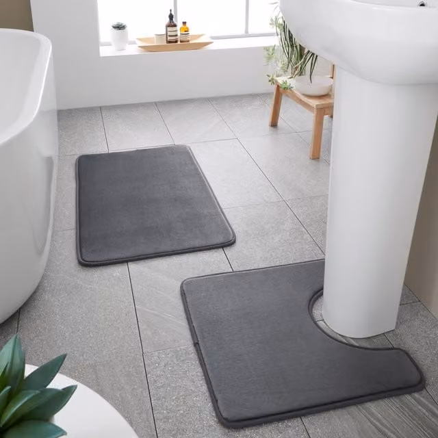 Catherine Lansfield Antibacterial Memory Foam Bath Mat and Pedestal Mat Set, Grey