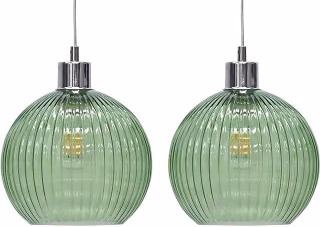 First Choice Lighting Betchley Set of 2 Green Ribbed Glass Globe Easy Fit Pendant Shades in Transparent – 1
