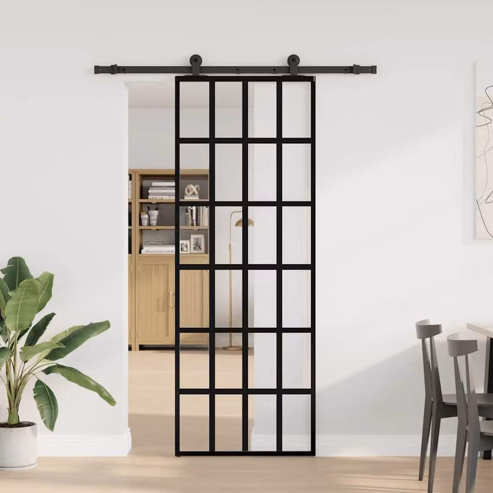 Berkfield Home Sliding Door with Hardware Set, Black Aluminium and Transparent ESG Glass, W: 76 cm, H: 205 cm – 2