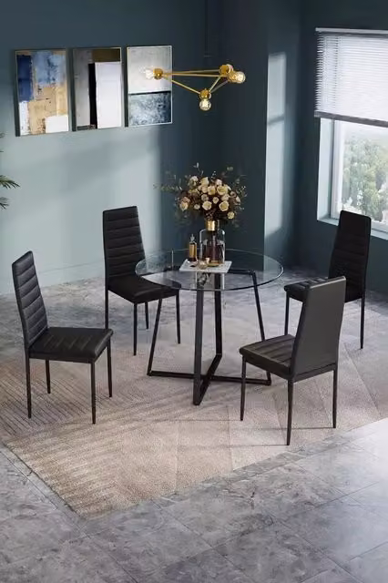 Living and Home 5-Piece Dining Set with Round Tempered Glass Table and 4 Black Faux Leather Chairs