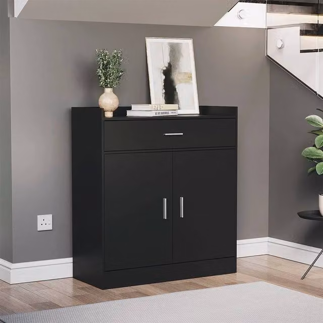FORGEVIO Modern 2 Door and 1 Drawer Shoe Cabinet in Black