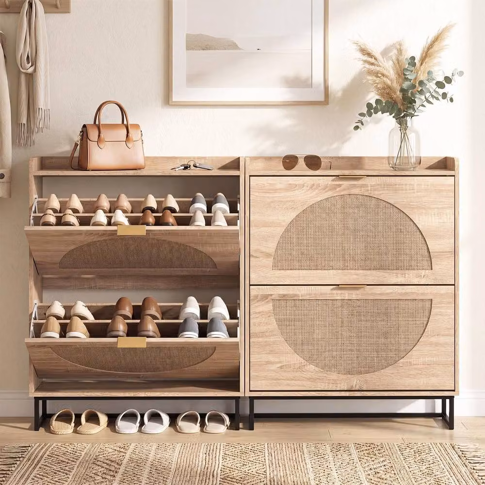 Gymax Modern Rattan Shoe Storage Cabinet in Beige and Brown with Tilting Compartments and Internal Shelves – 4