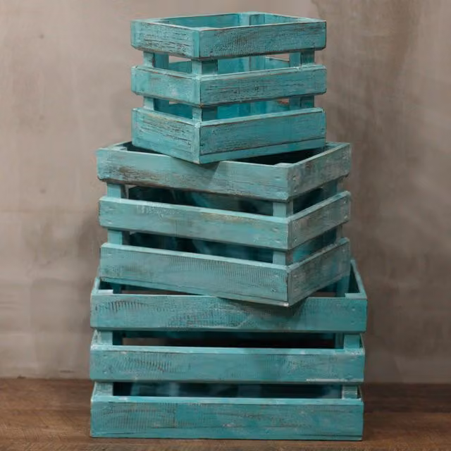 KDMK Set of Three Modern Rectangular Wooden Fruit Boxes for Tabletop Display in Green and Turquoise