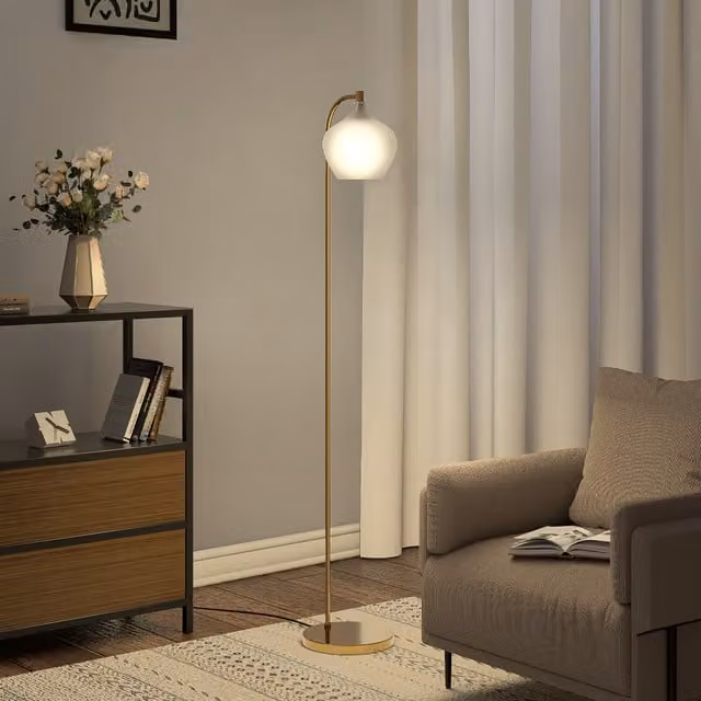 Livingandhome Modern LED Floor Lamp with Metal Brass Base and Glass Dome Lampshade in Gold/Brass or Grey