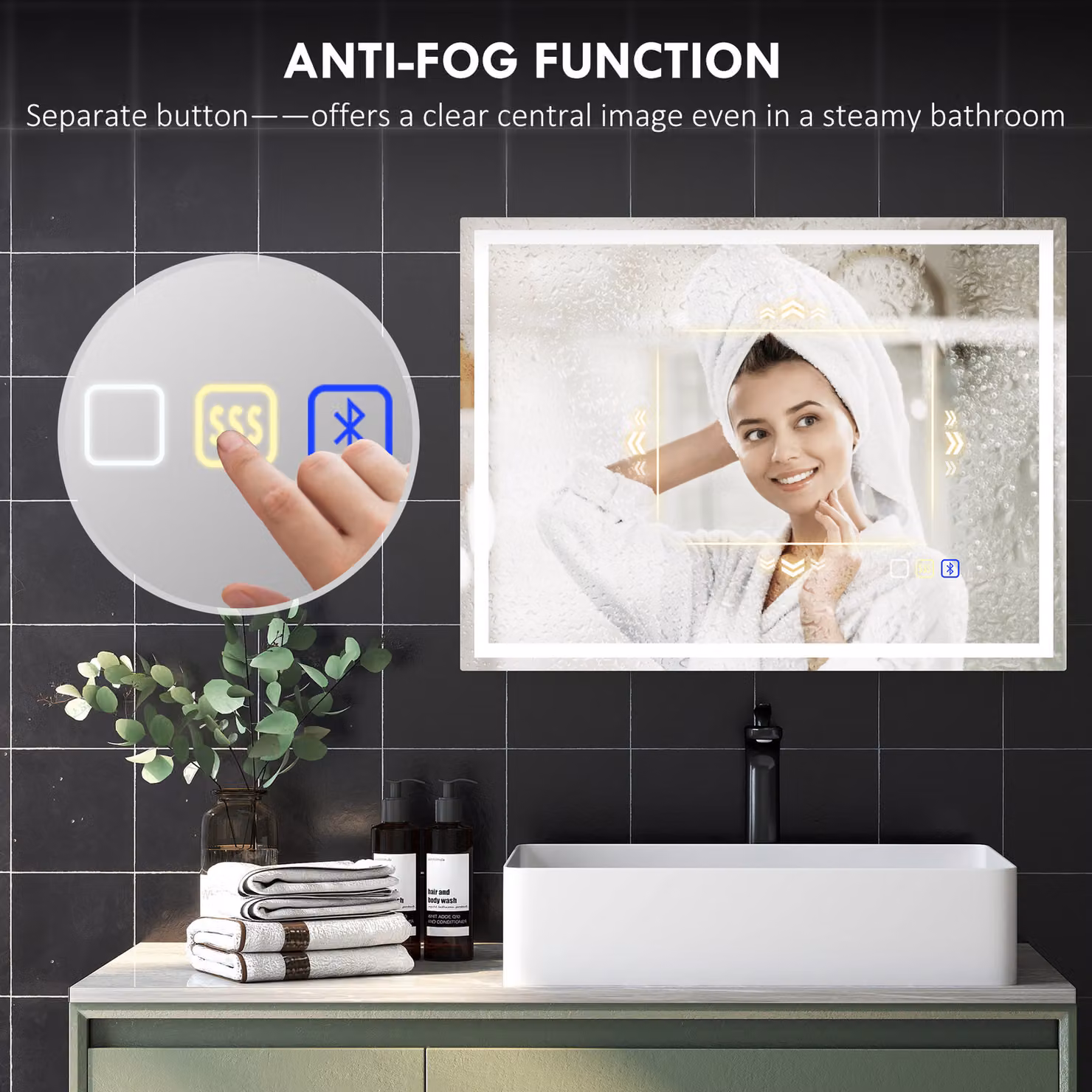 HOMCOM Silver LED Bathroom Mirror with Bluetooth, Clock and Anti-Fog Function, W: 60 cm, H: 80 cm – 6