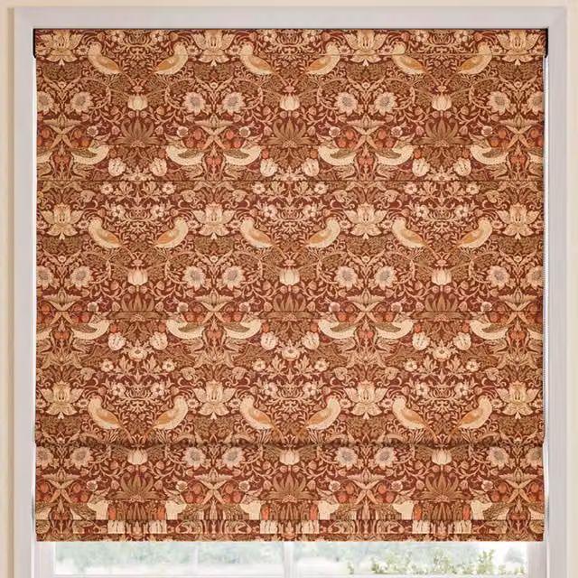 William Morris At Home Strawberry Thief Made to Measure Blackout Roman Blind in Madder Red and Multicolour Floral Design