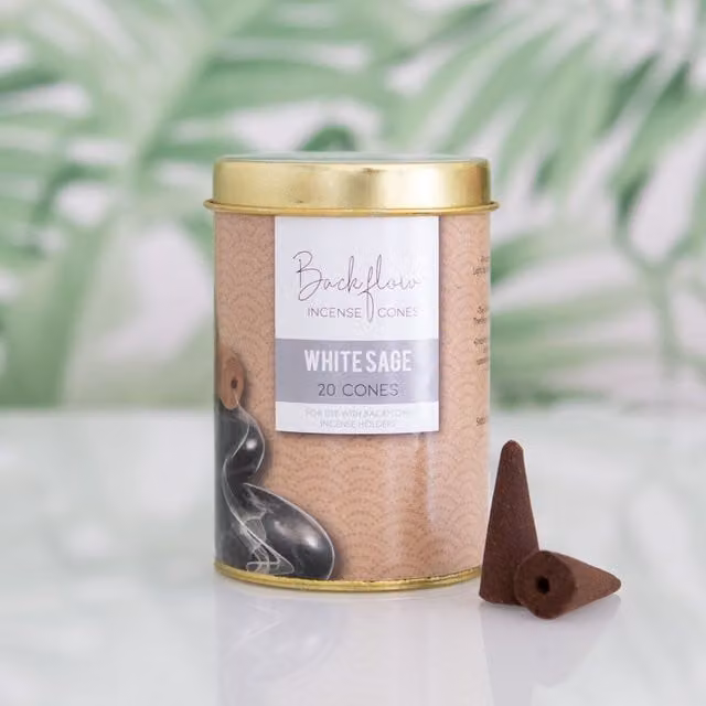 Kingsbury Gifts 20 Jumbo Natural White Sage Backflow Incense Cones in a White and Brown Metal Tin