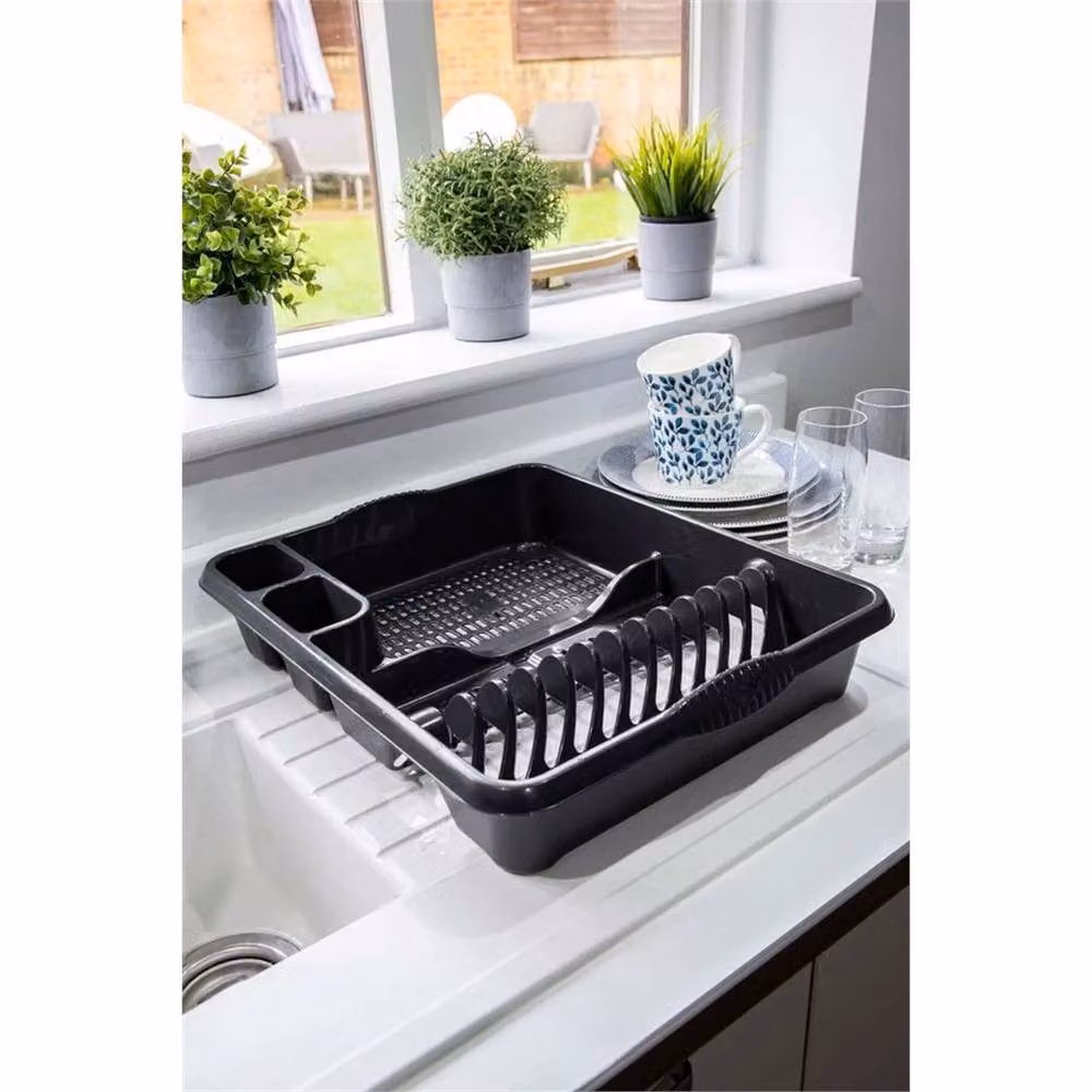 Nordara Black 3-Piece Large Dish Drainer and Sink Tidy Set with Rectangular Bowl and Cutlery Holder – 3