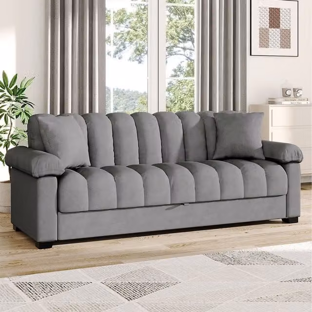 Komore Reversible Grey Fabric Storage Sofa with Sleeping Function and Scatter Cushions