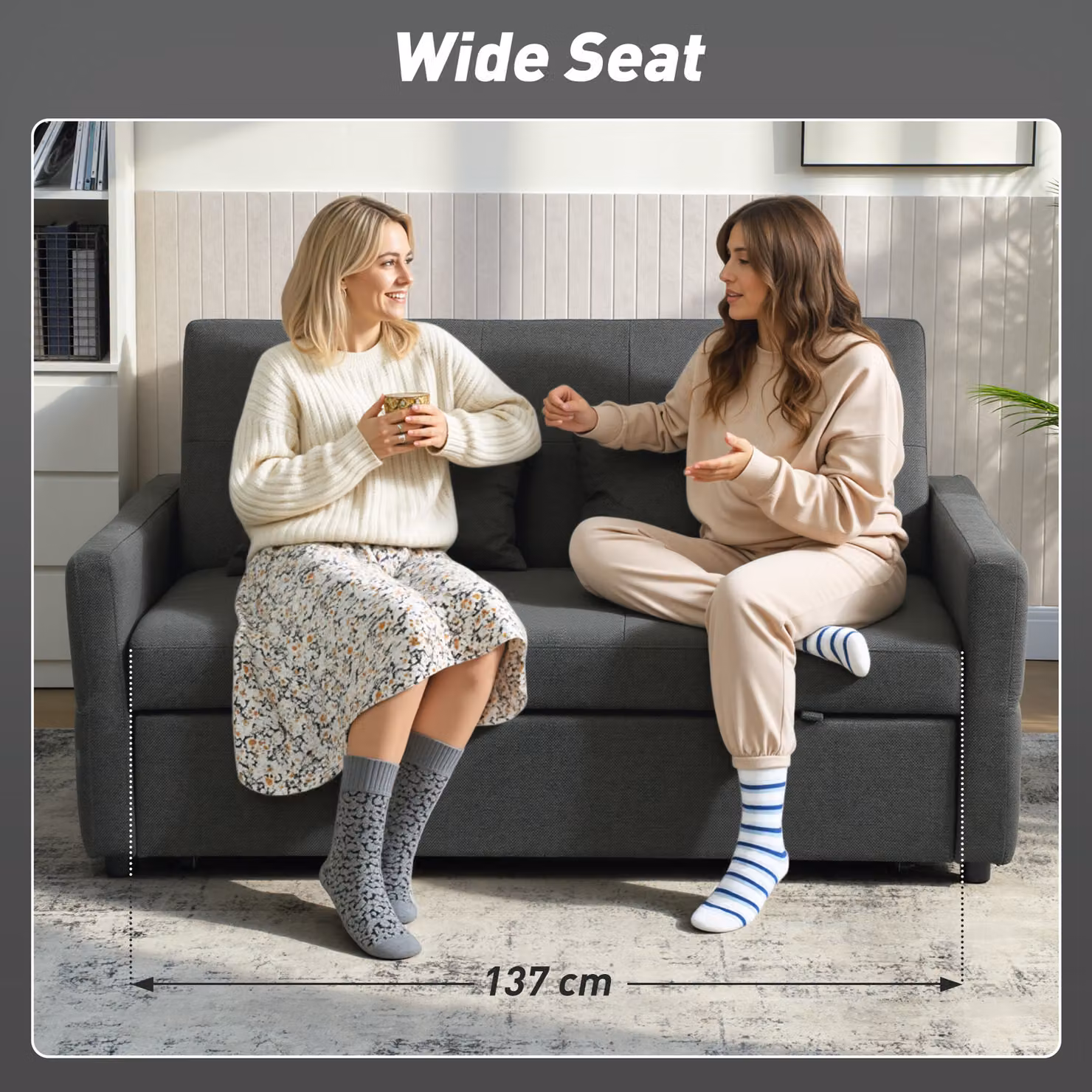 HOMCOM Two-Seater Click-Clack Sofa Bed in Charcoal Grey with Fabric Upholstery and Scatter Cushions – 7