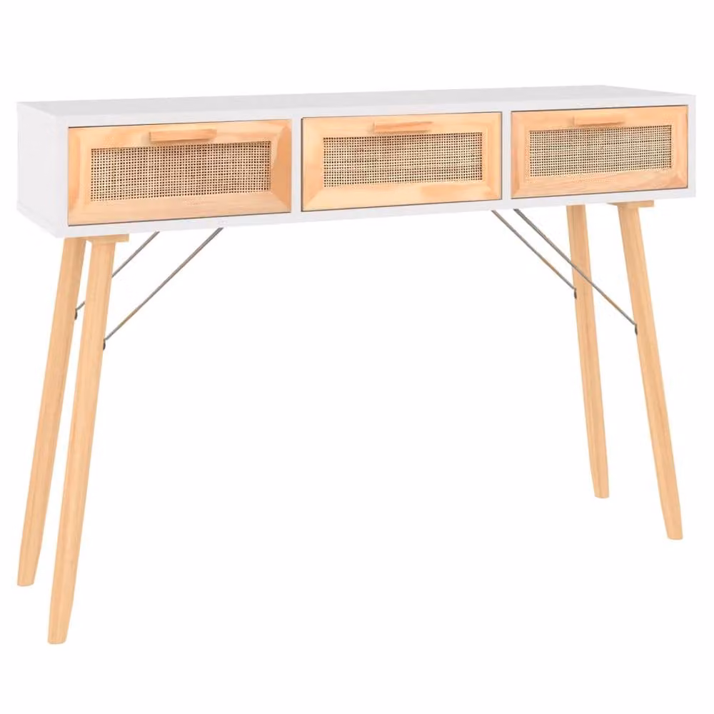 Berkfield Home White Scandinavian Console Table in Solid Pine and Natural Rattan, W/D/H: 105 x 30 x 75 cm – 2