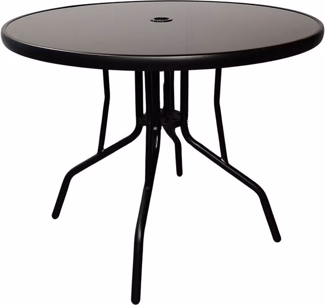 Samuel Alexander Modern Round 4 Person Patio Table with Glass Top and Parasol Hole in Black