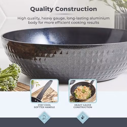 Tower Diamo Ceramic Non-Stick Wok, Black, 28cm – 5