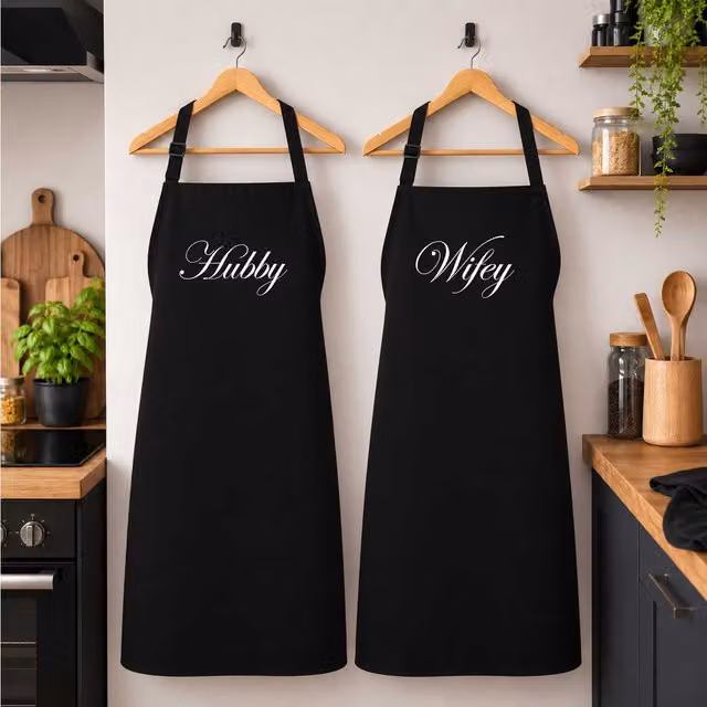60 SECOND MAKEOVER Hubby Wifey Black Apron Set for Adults