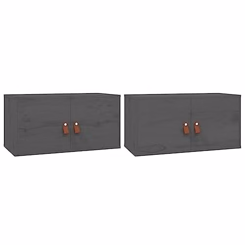 vidaXL Set of 2 Grey Scandinavian Wall Cabinets in Solid Pine Wood, W/D/H: 60 x 30 x 30 cm