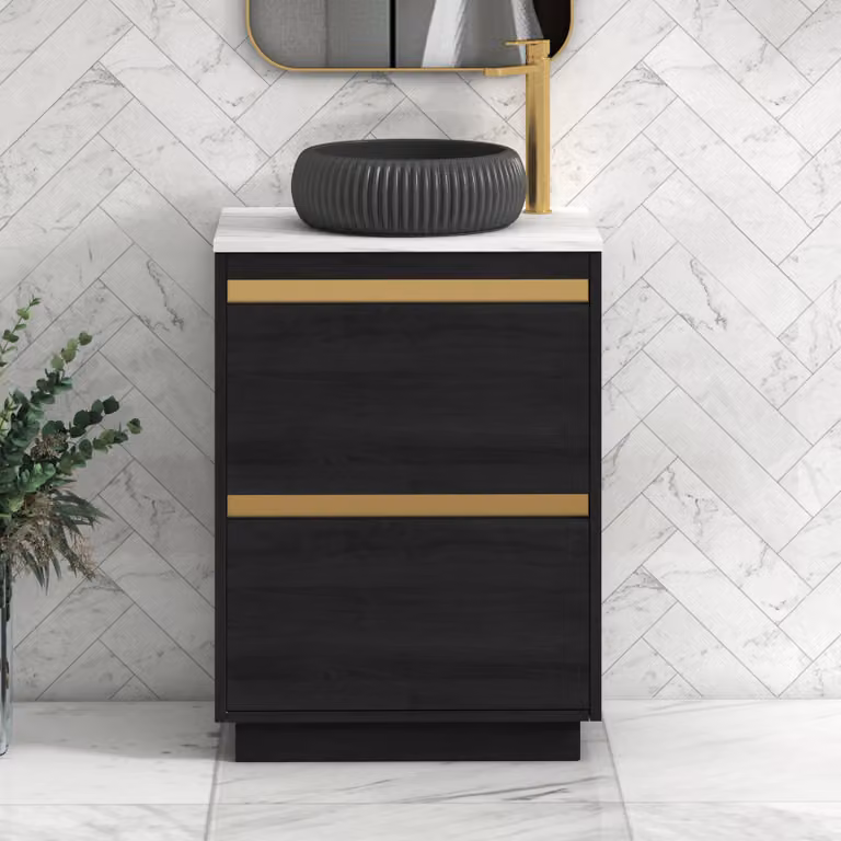 Royal Bathrooms Orion 600mm Hale Black Floor Standing Vanity Unit with Carrara White Countertop, Milan Black Basin and Brushed Brass Accent Trim