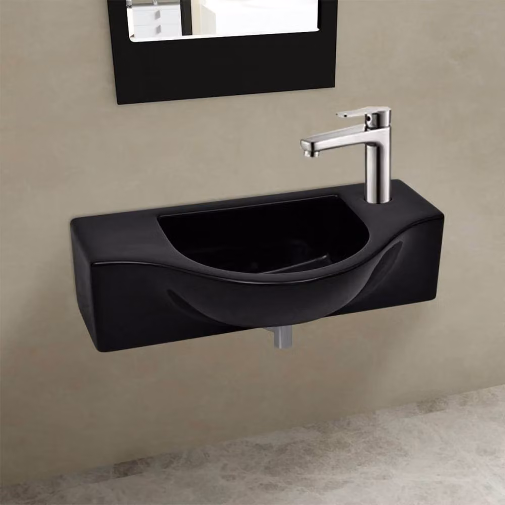 Berkfield Home Black Ceramic Wall Mounted Bathroom Sink Basin with Faucet Hole – 2