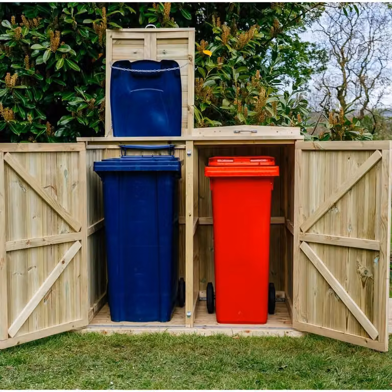 Buttercup Farm Shireburn Double Wheelie Bin Store in Brown, fits 2 x 180L or 2 x 240L bins, W/D/H: 145.0 x 80.4 x 120.0 cm