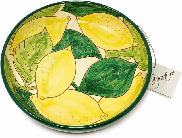Verano Spanish Ceramics Signature Lemons Hand Painted Ceramic Salad and Fruit Bowl, Multicolour and Yellow, Diameter: 23 cm