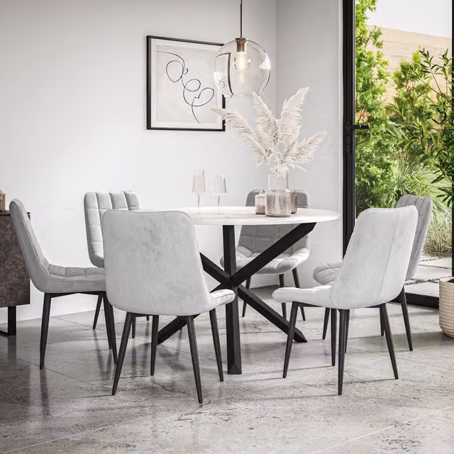 More4Homes Malvern Round Dining Table and 6 Nova Grey Velvet Chairs Set with Marble Top and Black Oak Legs