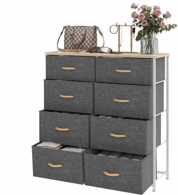 VOGREX 8 Drawer Bedroom Storage Chest with Black Steel Frame and Dark Grey Fabric Drawers – 1