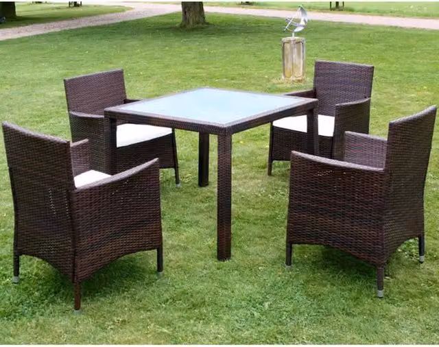 Berkfield Home 5 Piece Brown Poly Rattan Outdoor Dining Set with Glass Top and Cushions