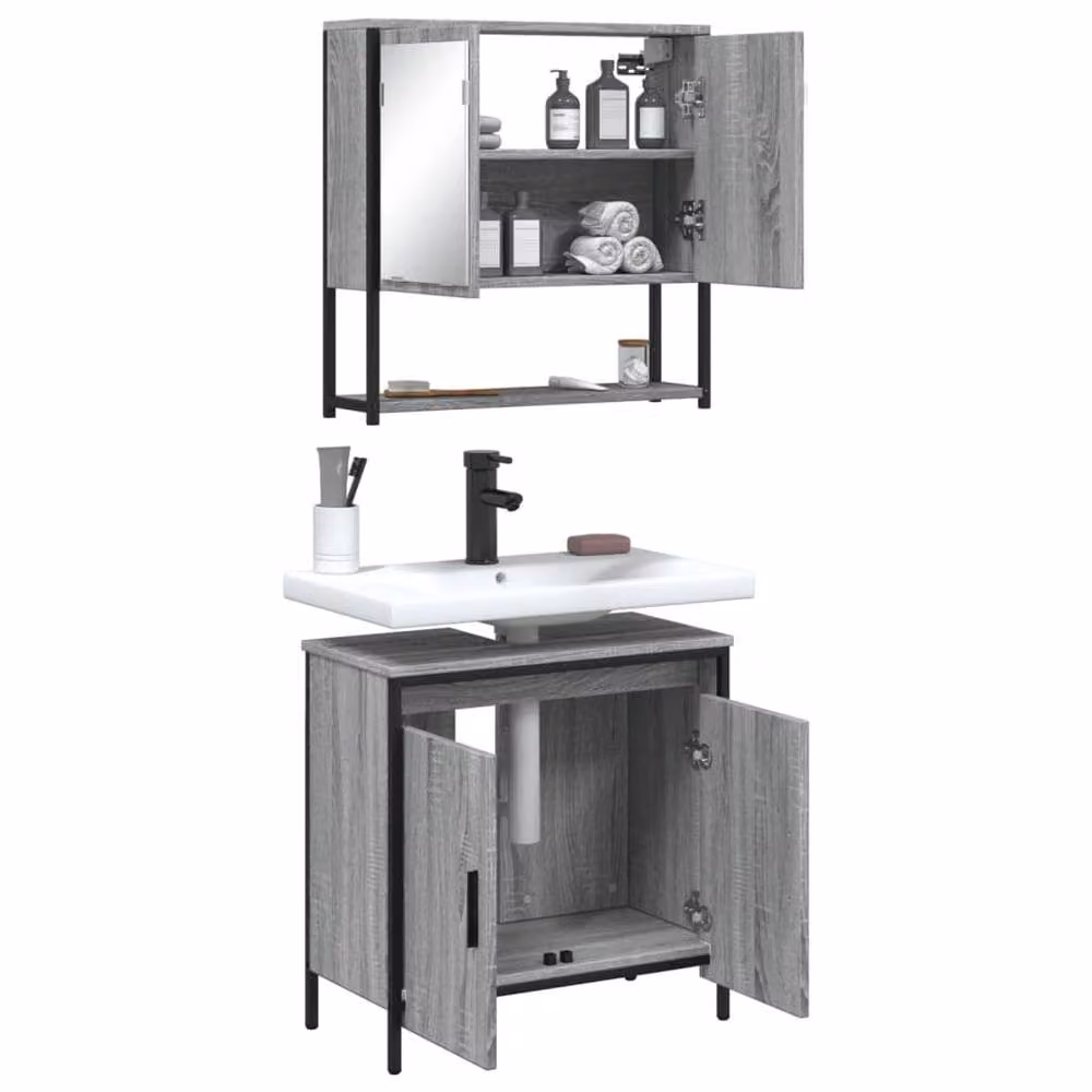 Berkfield Home 2 Piece Grey Bathroom Furniture Set with Mirror Cabinet and Vanity Unit – 2