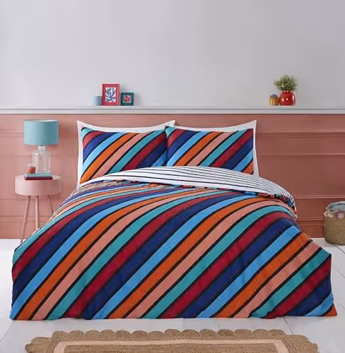 Rapport Home Striped Reversible Microfibre Bedding Set in Blue and Multicolour, W/D/H: 220 x 220 x 180 x 200 cm – 1