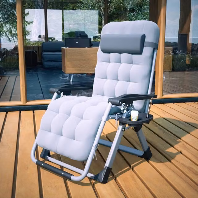BIRCHTREE Grey Sun Recliner with Thick Cushion, Textilene Fabric and Powder Coated Steel Frame featuring Side Tray and Cup Holders