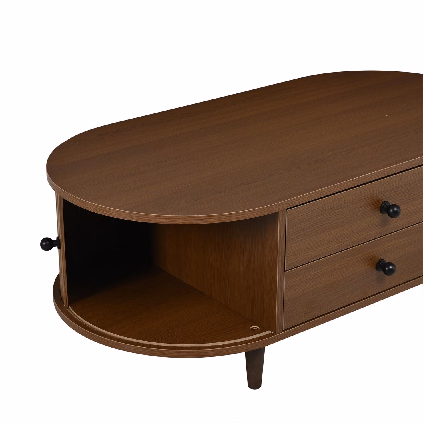 Aosom UK Oval Coffee Table with Sliding Roll-Top Doors and Two Drawers, Walnut Brown, W: 100 cm, D: 50 cm, H: 36 cm – 7