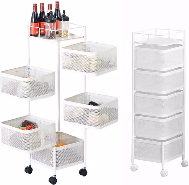 VOGREX 5 Tier Rotating Metal Kitchen Storage Rack for Fruit and Vegetables in White
